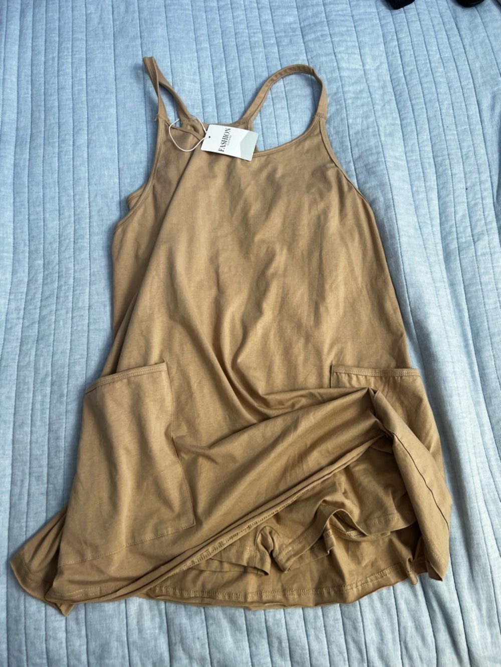 Tan Sleeveless Pocket Romper Dress with shorts